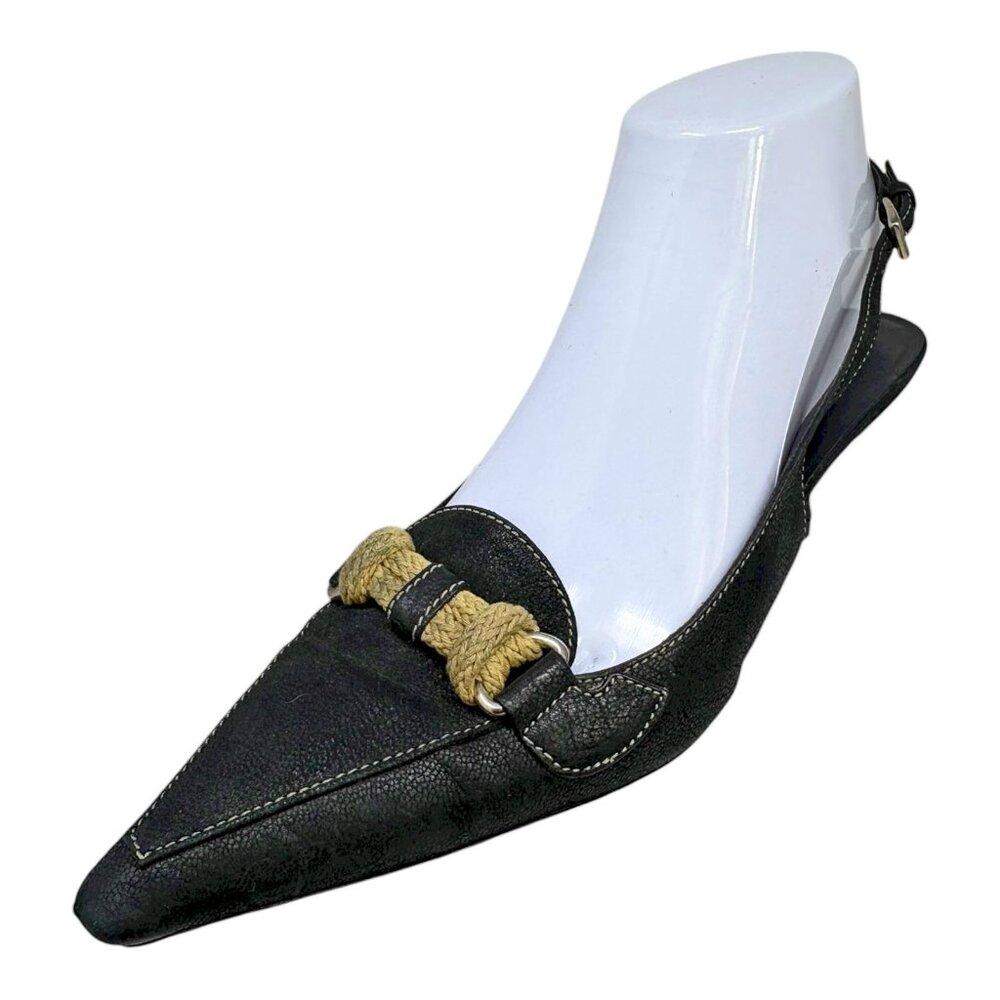 Prada Black Textured Leather Braided‎ Horse Bit Slingback Kitten Heels - Picture 3 of 11